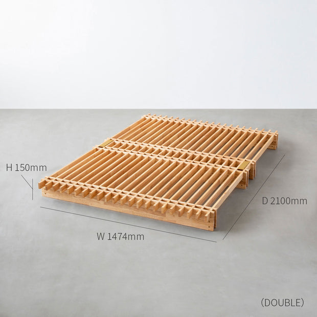 KOTAのシンプルで風格あるデザインのナチュラルカラーの木組みSUNOKOベッドダブル（寸法画像）