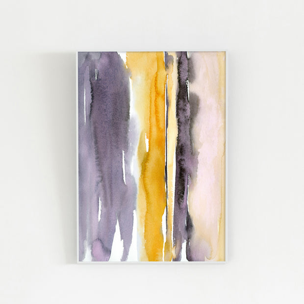 Kanademonoのグレー×暖色カラーをストライプ状に描いた水彩抽象画A１＋ホワイトフレーム