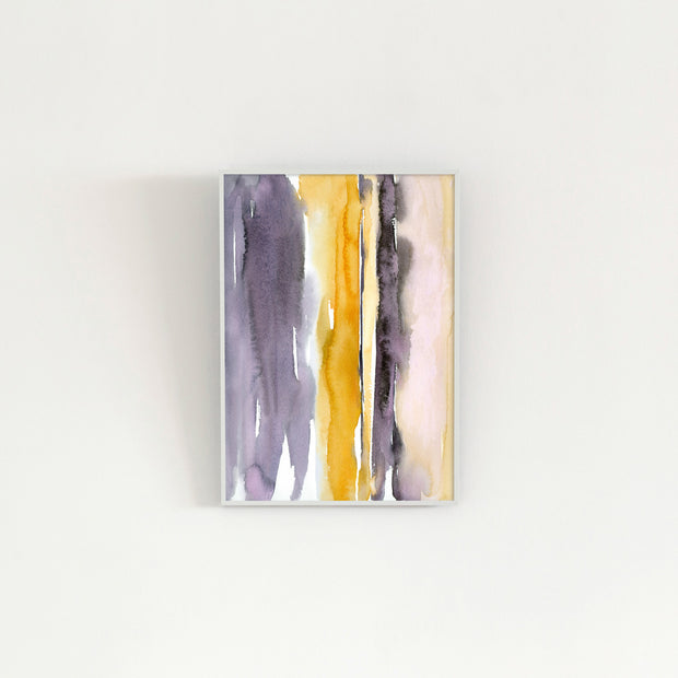 Kanademonoのグレー×暖色カラーをストライプ状に描いた水彩抽象画A２＋ホワイトフレーム