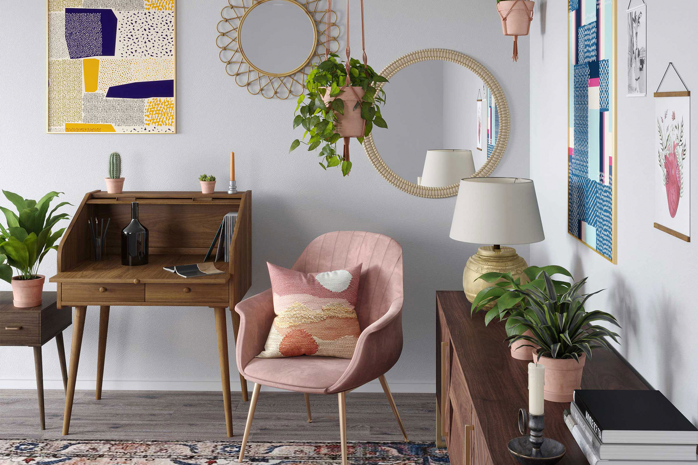 アンティーク調家具とピンクのベストマッチングを表現したスペース