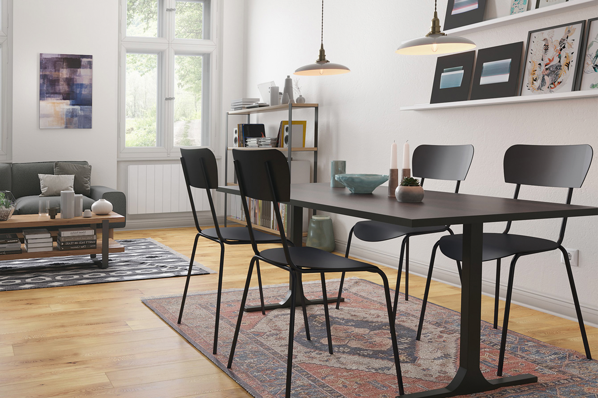 華やかなアート、ヴィンテージ調ラグとミニマルシックな THE TABLE の