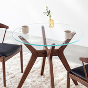 Favricaのガラス天板とブラウンカラーのHラインの木製脚を組み合わせたカフェテーブルL（使用例2）