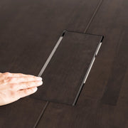 Kanademonoの配線孔BROCK＆TRAY付きの特寸サイズのラバーウッドブラックブラウン天板と角柱ステンレス脚を組み合わせた大型テーブル（BLOCK５)