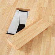 KANADEMONOの配線孔BROCK&TRAY付きのラバーウッド材ナチュラル天板とスクエア型ステンレス脚を組み合わせたテーブル（配線トレー使用例3）