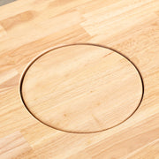 Kanademonoのラバーウッドナチュラル天板とブラックのアイアン脚で製作した、猫穴付きのローテーブル（猫穴クローズ時）