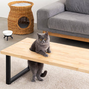 Kanademonoのラバーウッドナチュラル天板とブラックのアイアン脚で製作した、猫穴付きのローテーブル（使用イメージ2）