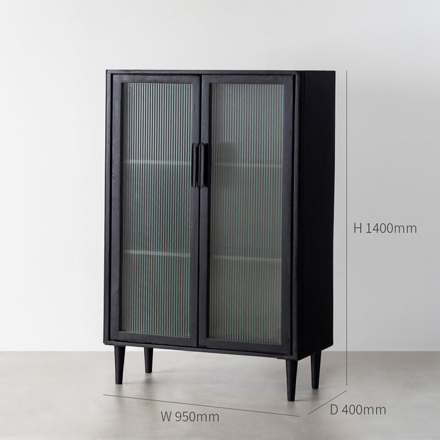 ブラックのウッドとガラスで製作されたシックモダンなサイドボードLサイズ（寸法画像）