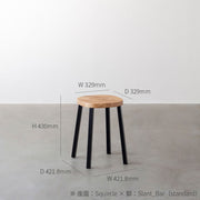 KanademonoのリノリウムPebble Squircle座面とブラックのSlant Bar脚を合わせたシンプルモダンなスツール（寸法画像）