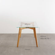 Favricaのガラス天板（幅140cm）とナチュラルカラーのピンタイプの木製脚を組み合わせたテーブル（サイズ画像1）