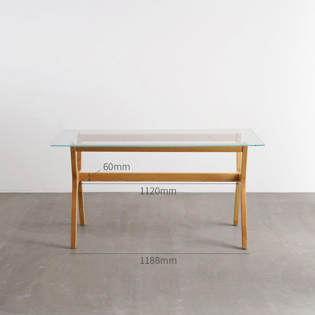 Favricaのガラス天板（幅140cm）とナチュラルカラーのHライン木製脚を組み合わせたテーブル（サイズ画像2）