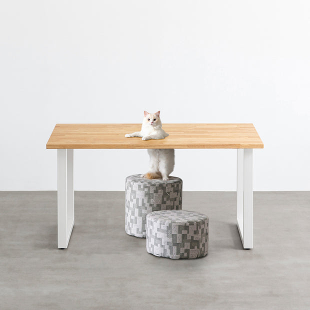 Kanademonoのラバーウッドナチュラル天板とホワイトのスクエア鉄脚で製作した、猫穴付きのテーブル（ネコ入り）
