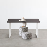Kanademonoのラバーウッドブラックブラウン天板とホワイトのスクエア鉄脚で製作した、猫穴付きのテーブル（ネコ入り）