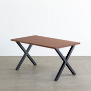 かなでもののチークブラウンのラバーウッドとマットブラックのX型の鉄脚を組み合わせたシンプルモダンなテーブル