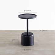 ブラックのラウンド天板を備えたシンプルモダンなサイドテーブル（寸法画像）