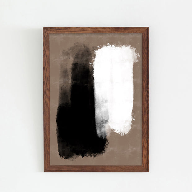 KANADEMONOのブラウンに白と黒の大胆なペイントが空間を引き締めるシックモダンな抽象画アートA1＋ブラウン木製フレーム