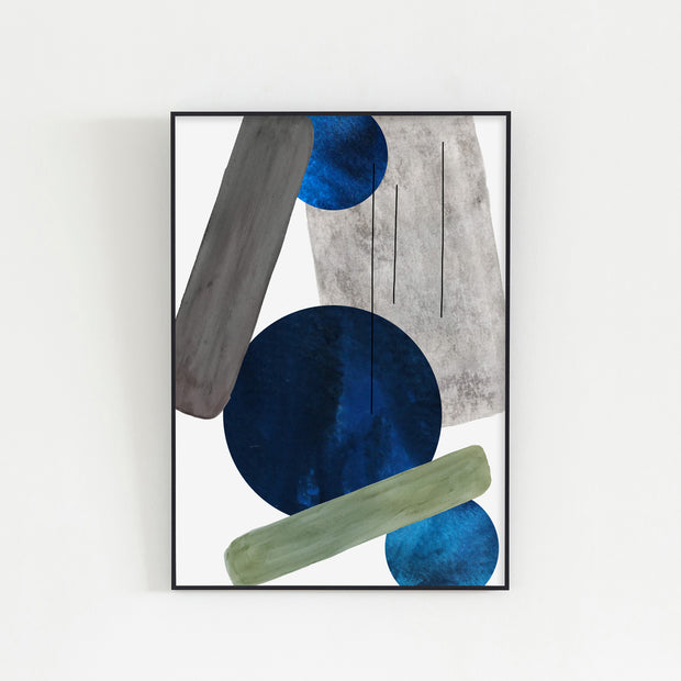 KANADEMONOのドットを用いたデザインをブルーをアクセントに落ち着いたトーンで仕上げたモダンな抽象画アートA1＋ブラックフレーム