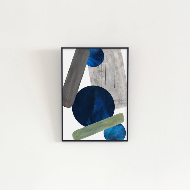KANADEMONOのドットを用いたデザインをブルーをアクセントに落ち着いたトーンで仕上げたモダンな抽象画アートA2＋ブラックフレーム