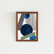 KANADEMONOのドットを用いたデザインをブルーをアクセントに落ち着いたトーンで仕上げたモダンな抽象画アートA２＋ブラウン木製フレーム