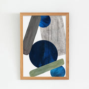 KANADEMONOのドットを用いたデザインをブルーをアクセントに落ち着いたトーンで仕上げたモダンな抽象画アートA1＋ナチュラル木製フレーム