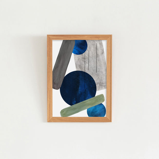 KANADEMONOのドットを用いたデザインをブルーをアクセントに落ち着いたトーンで仕上げたモダンな抽象画アートA２＋ナチュラル木製フレーム