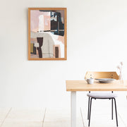KANADEMONOの淡い配色にアクセントカラーを織り交ぜたモダンな抽象画アートA1＋ナチュラル木製フレーム（ダイニング使用例）