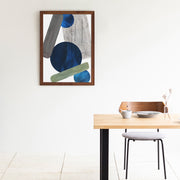 KANADEMONOのドットを用いたデザインをブルーをアクセントに落ち着いたトーンで仕上げたモダンな抽象画アートA1＋ブラウン木製フレーム（ダイニング使用例）