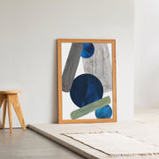 KANADEMONOのドットを用いたデザインをブルーをアクセントに落ち着いたトーンで仕上げたモダンな抽象画アートA1＋ナチュラル木製フレーム（エントランス使用例）