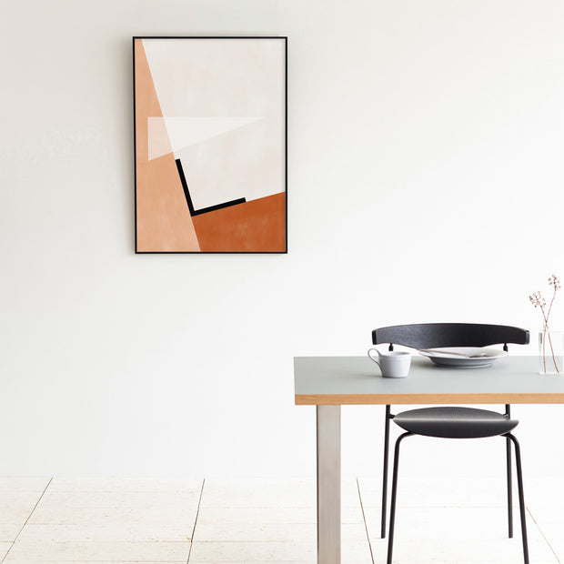 Kanademonoの白×赤×オレンジで描いたモダンブロックアートA１＋ブラックフレーム（ダイニング使用例）