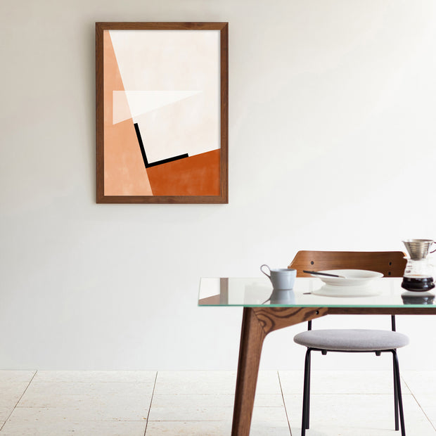 Kanademonoの白×赤×オレンジで描いたモダンブロックアートA１＋ブラウンウッドフレーム（ダイニング使用例）