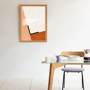Kanademonoの白×赤×オレンジで描いたモダンブロックアートA1＋ナチュラルウッドフレーム（ダイニング使用例）