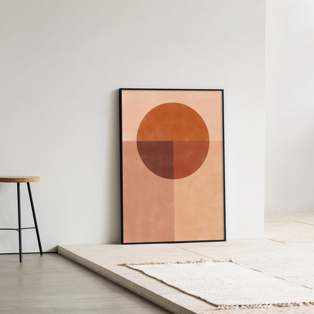 Kanademonoの赤×オレンジの暖色でまとめたモダン抽象画アートA1＋ブラックフレーム（エントランス使用例）
