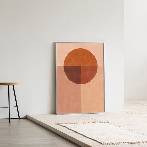 Kanademonoの赤×オレンジの暖色でまとめたモダン抽象画アートA1＋シルバーフレーム（エントランス使用例）