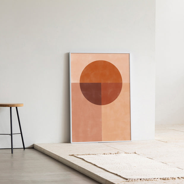 Kanademonoの赤×オレンジの暖色でまとめたモダン抽象画アートA1＋ホワイトフレーム（エントランス使用例）