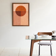 Kanademonoの赤×オレンジの暖色でまとめたモダン抽象画アートA１＋ブラウンウッドフレーム（ダイニング使用例）
