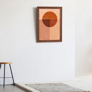 Kanademonoの赤×オレンジの暖色でまとめたモダン抽象画アートA２＋ブラウンウッドフレーム（エントランス使用例）