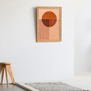 Kanademonoの赤×オレンジの暖色でまとめたモダン抽象画アートA２＋ナチュラルウッドフレーム（エントランス使用例）