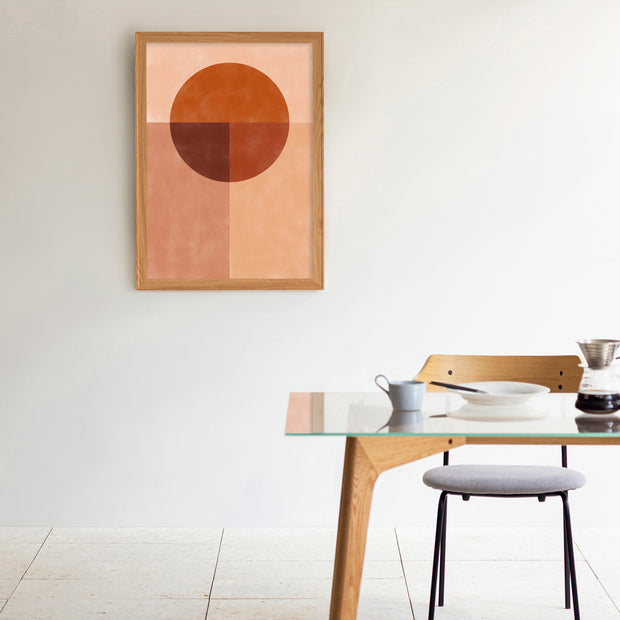 Kanademonoの赤×オレンジの暖色でまとめたモダン抽象画アートA1＋ナチュラルウッドフレーム（ダイニング使用例）