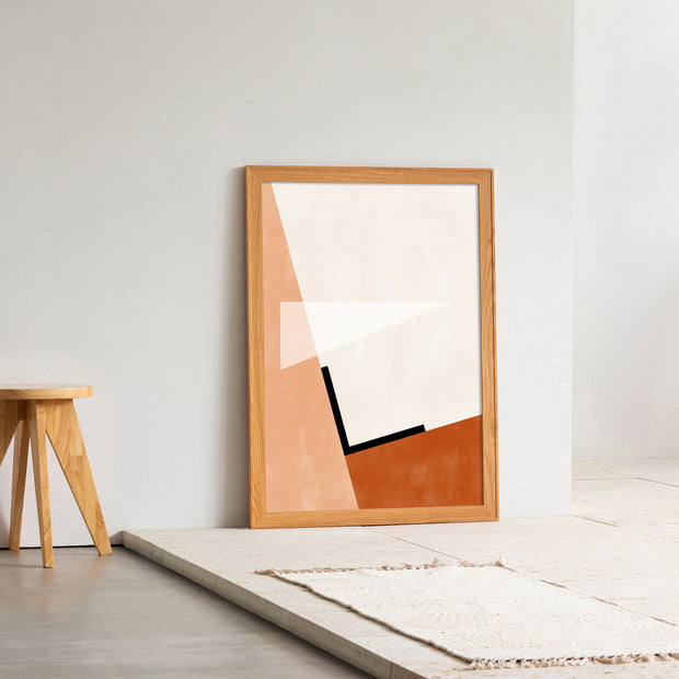 Kanademonoの白×赤×オレンジで描いたモダンブロックアートA1＋ナチュラルウッドフレーム（エントランス使用例）