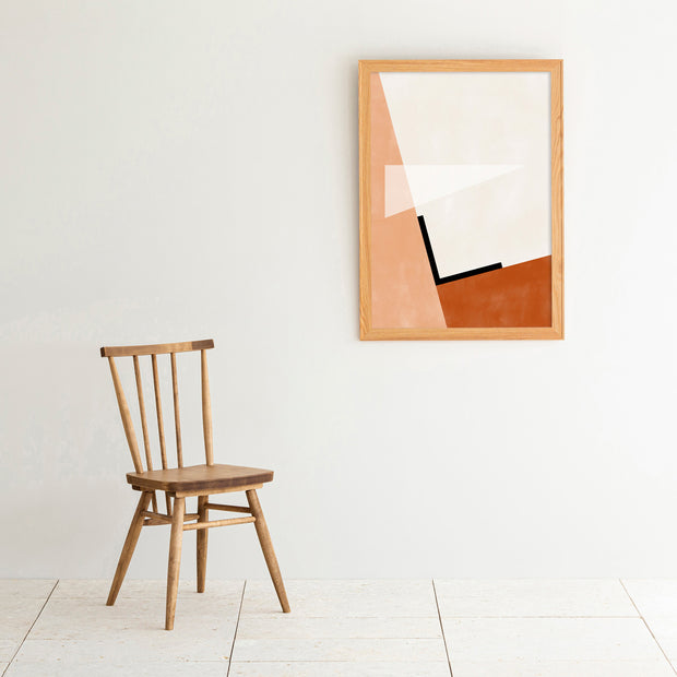 Kanademonoの白×赤×オレンジで描いたモダンブロックアートA1＋ナチュラルウッドフレーム（チェアとのコーディネート例）