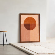 Kanademonoの赤×オレンジの暖色でまとめたモダン抽象画アートA１＋ブラウンウッドフレーム（エントランス使用例）