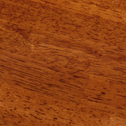 Gemoneのラバーウッドチークブラウンのラウンド天板と三角のチューブが華やかなステンレス脚3本を組み合わせたカフェテーブル（天板クローズ）