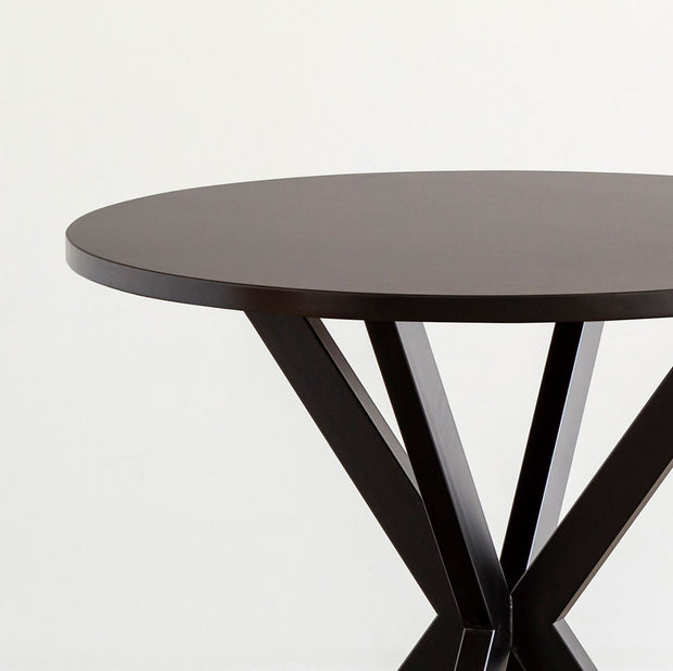 Kanademonoラバーウッド・BlackBrownのラウンド天板とデザイン性の高いXラインの脚を組み合わせたカフェテーブル（天板と脚）
