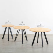 かなでもののラバーウッドの天板とマットブラックの4pinアイアン脚を組み合わせたすっきりとしたデザインのカフェテーブル（サイズ比較画像）