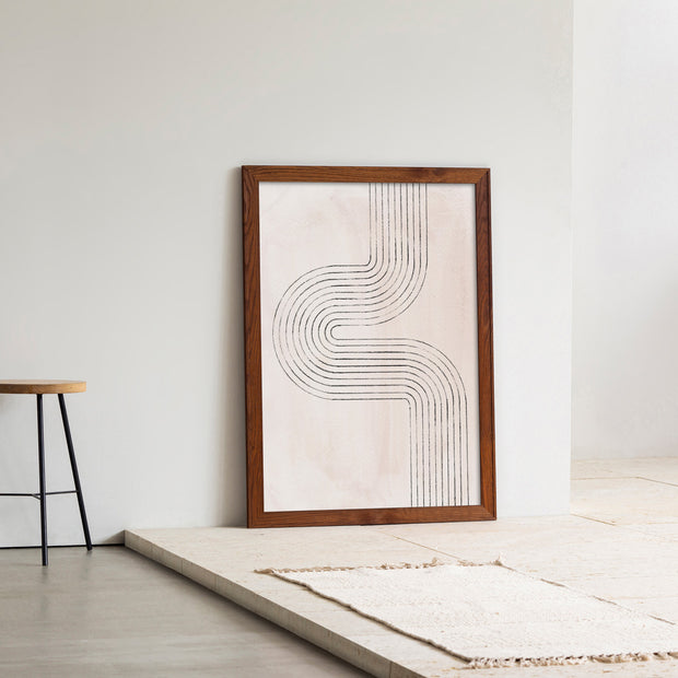 KANADEMONOの描かれる線のカーブがアーティスティックなジオメトリックアートA1+木製フレームブラウン（エントランス使用例）