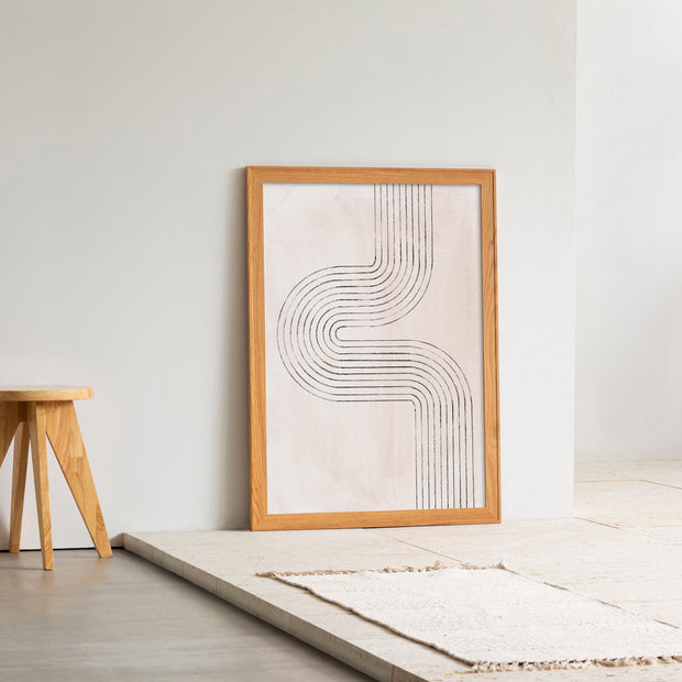 KANADEMONOの描かれる線のカーブがアーティスティックなジオメトリックアートA1+木製フレームナチュラル（エントランス使用例）