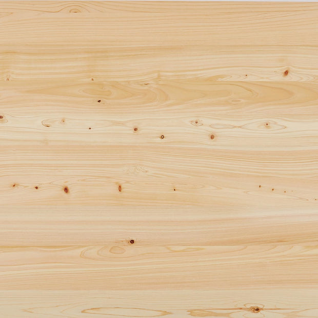 KANADEMONOの岐阜桧天板とマットホワイトのスクエア鉄脚を組み合わせたシンプルモダンなテーブル（天板クローズアップ）