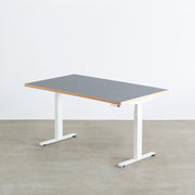 ファニチャーリノリウム素材のAsh天板と、ホワイトの電動昇降脚を組み合わせた、デザイン性も機能性もスマートなテーブル