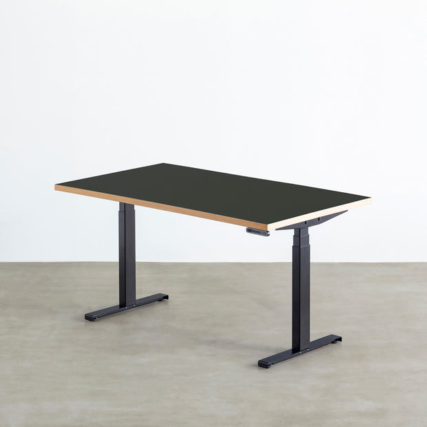 ファニチャーリノリウム素材のConifer天板と、ブラックの電動昇降脚を組み合わせた、デザイン性も機能性もスマートなテーブル
