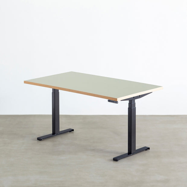 ファニチャーリノリウム素材のPistachio天板と、ブラックの電動昇降脚を組み合わせた、デザイン性も機能性もスマートなテーブル