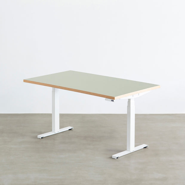 ファニチャーリノリウム素材のPistachio天板と、ホワイトの電動昇降脚を組み合わせた、デザイン性も機能性もスマートなテーブル